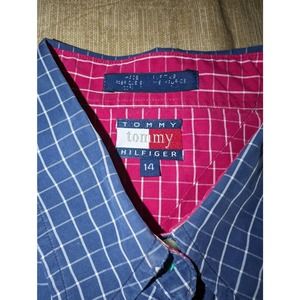 Tommy Hilfiger men's blue and red color block long sleeve checker shirt size 14